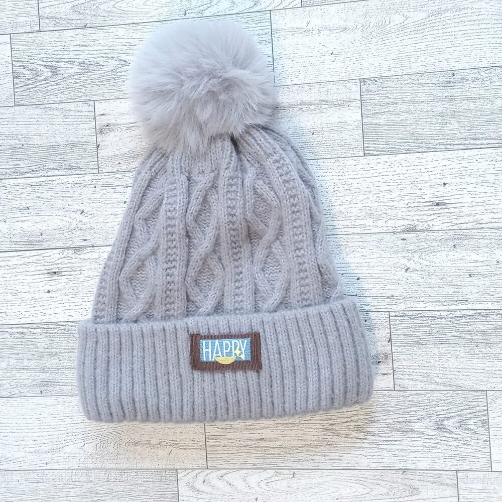 Women Winter Thermal Knit Beanie Hat Gray Fleece Lined